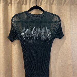 Sparkly Black Sheer Knit Top with Silver Rhinestone Accents